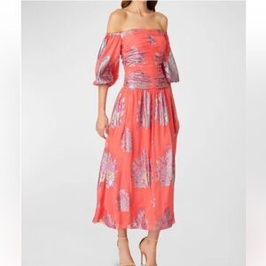 Shoshanna Ruched Off the Shoulder Floral Chiffon Midi Dress Size 2 Silk NWT